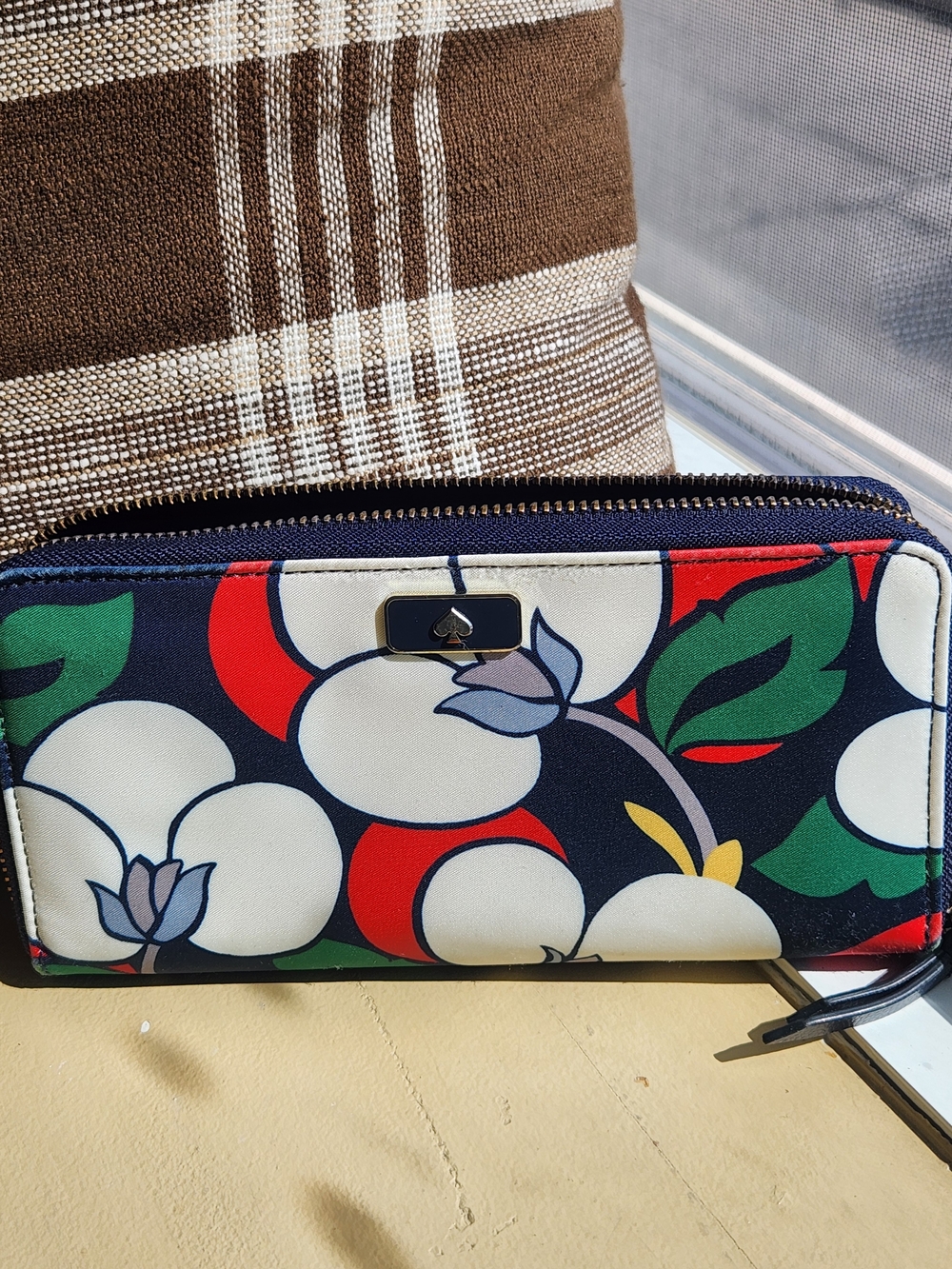 Kate Spade Floral Print Nylon Zip-Around Long Wallet Navy, White,Red & Green EUC